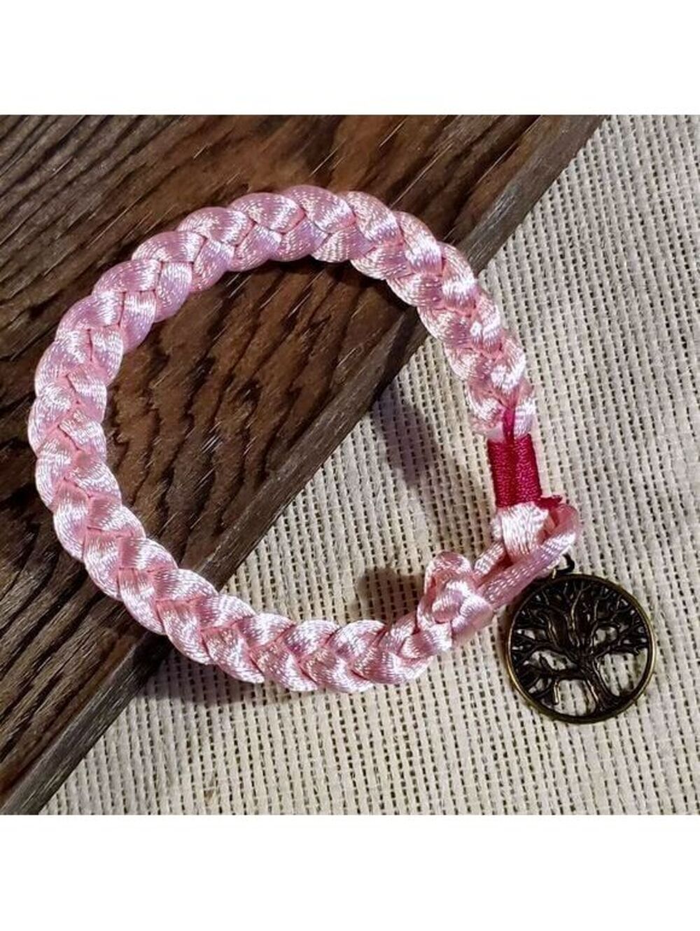 Braided Pale Pink Silk Antique Brass Tree of Life Charm Button Bracelet